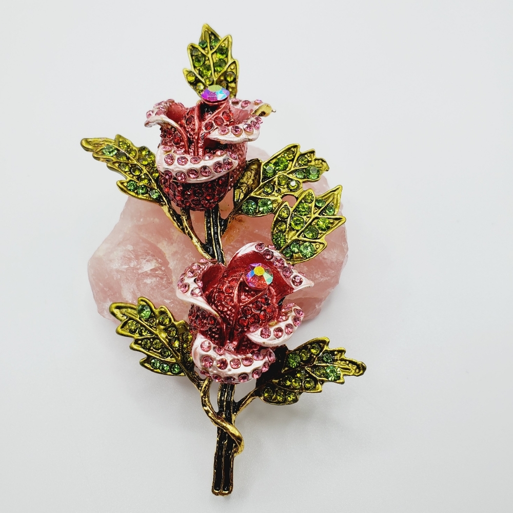 AMAZING red pink rose brooch BIG statement double flowers crystals sparkle new